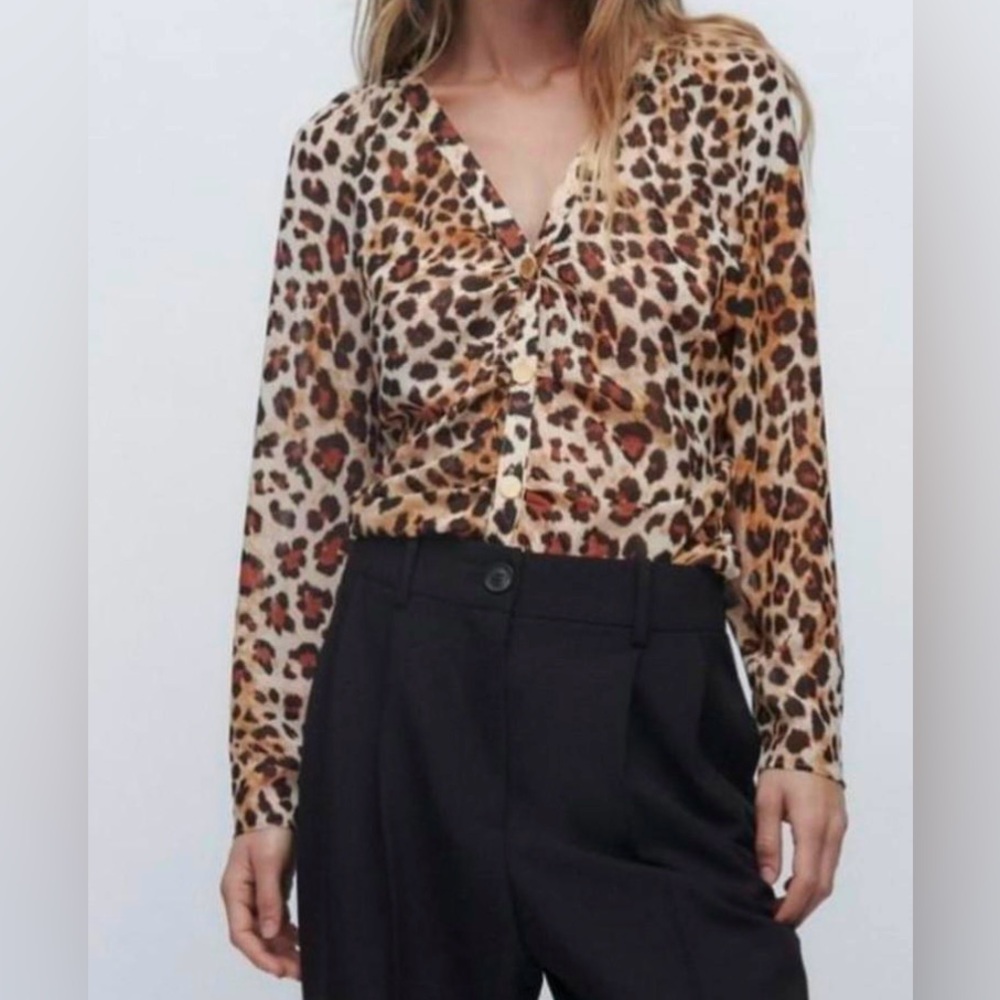 ZARA Shirt Top Blouse | Leopard Animal Print 🐆✨ Semi-Sheer | Size: XS - Picture 2 of 16